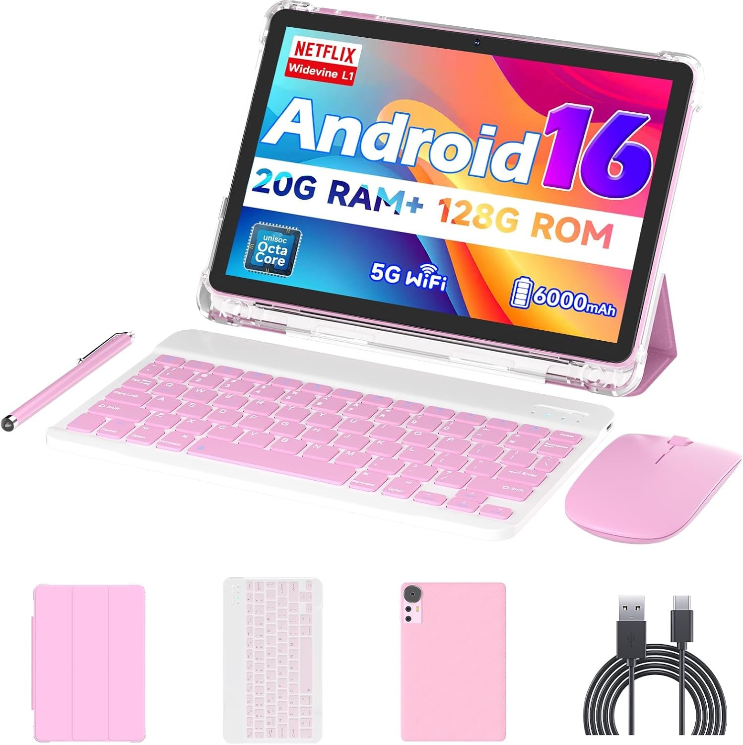 Android 16 Tablet 10 inch Tablets, 20GB RAM 128GB ROM 2TB Expandable, 2.0GHz Octa-core Processor, 2 in 1 Tablet with Keyboard Case Stylus Mouse, 5G WiFi6, BT 5.0, 6000mAh, Widevine L1, GMS, Pink