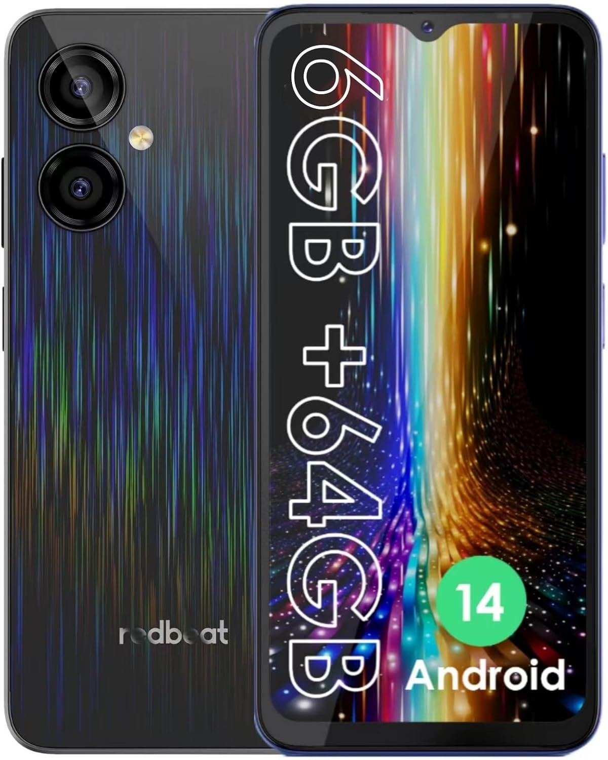 Redbeat D5 Unlocked Android 14 Cell Phones 8-core 1.6GHz Processor 6.52 Inch IPS, 5000mAh, 6GB RAM 64GB ROM Expandable 1TB, 13MP + 5MP Camera, Dual 4G SIM Slots, GPS, Type-C, WiFi, Bluetooth 5.0,Black