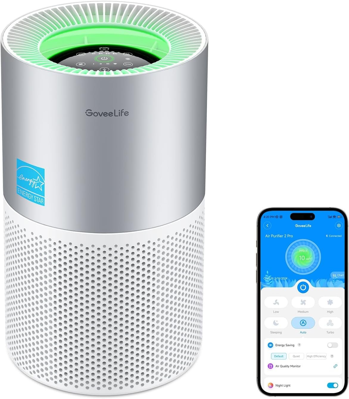 GoveeLife Air Purifier for Bedroom, Covers up to 1162ft², 24dB Sleep Mode | Smart Air Purifier with App & Alexa Control, RGB Night Light, PM2.5 Sensor Air Purifier for Pet Hair, Pollen, Dust, Smoke