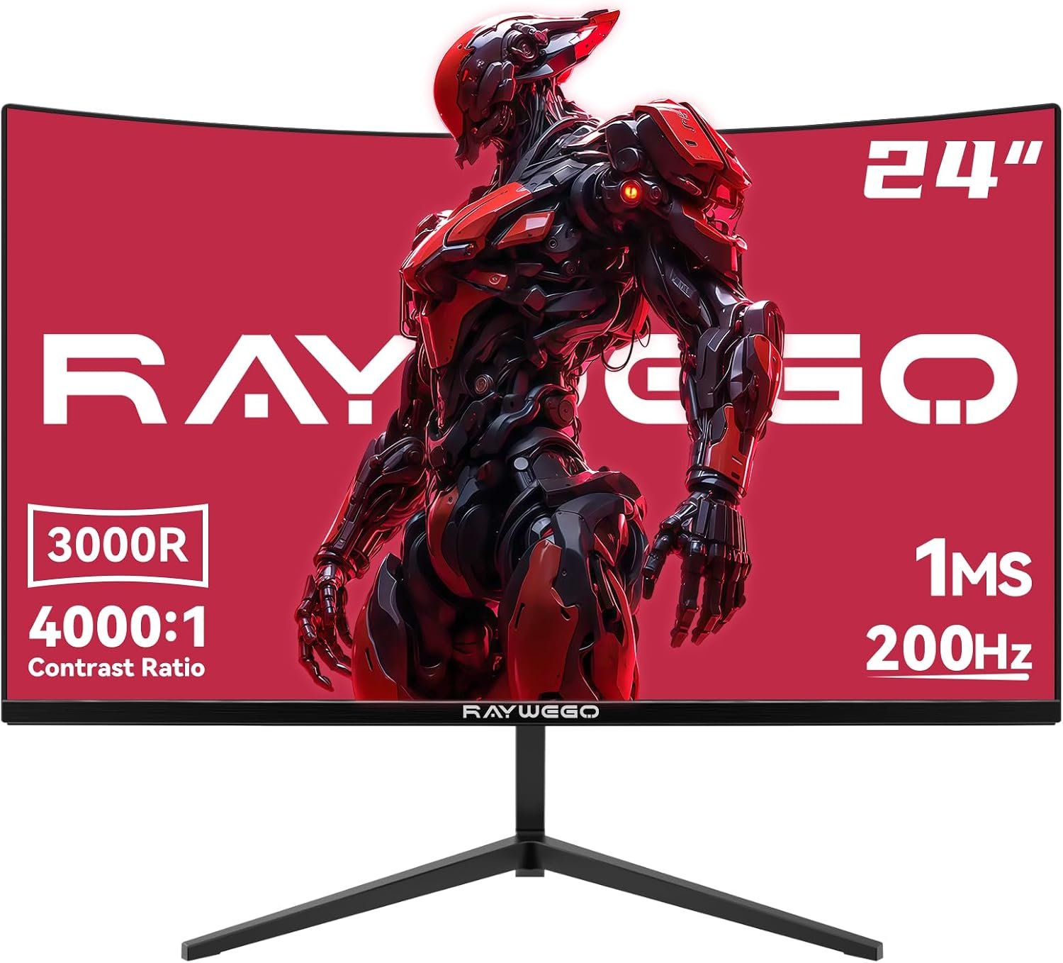 Raywego 24 Inch Curved Gaming Monitor, 200Hz/180Hz, FHD 1080P Computer Monitor, 1ms MPRT, 4000:1 Contrast Ratio, FreeSync, Eye-Care, HDMI, DP, VESA Mount Compatible