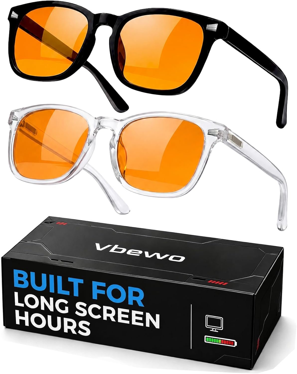 2 Packs Professional Sleep Glasses with 98.7% Blue Light Blocking Dual AR Coatings Amber Lens, Computer Gaming Glasses for Men Women, Anti Fatigue & Eye Strain