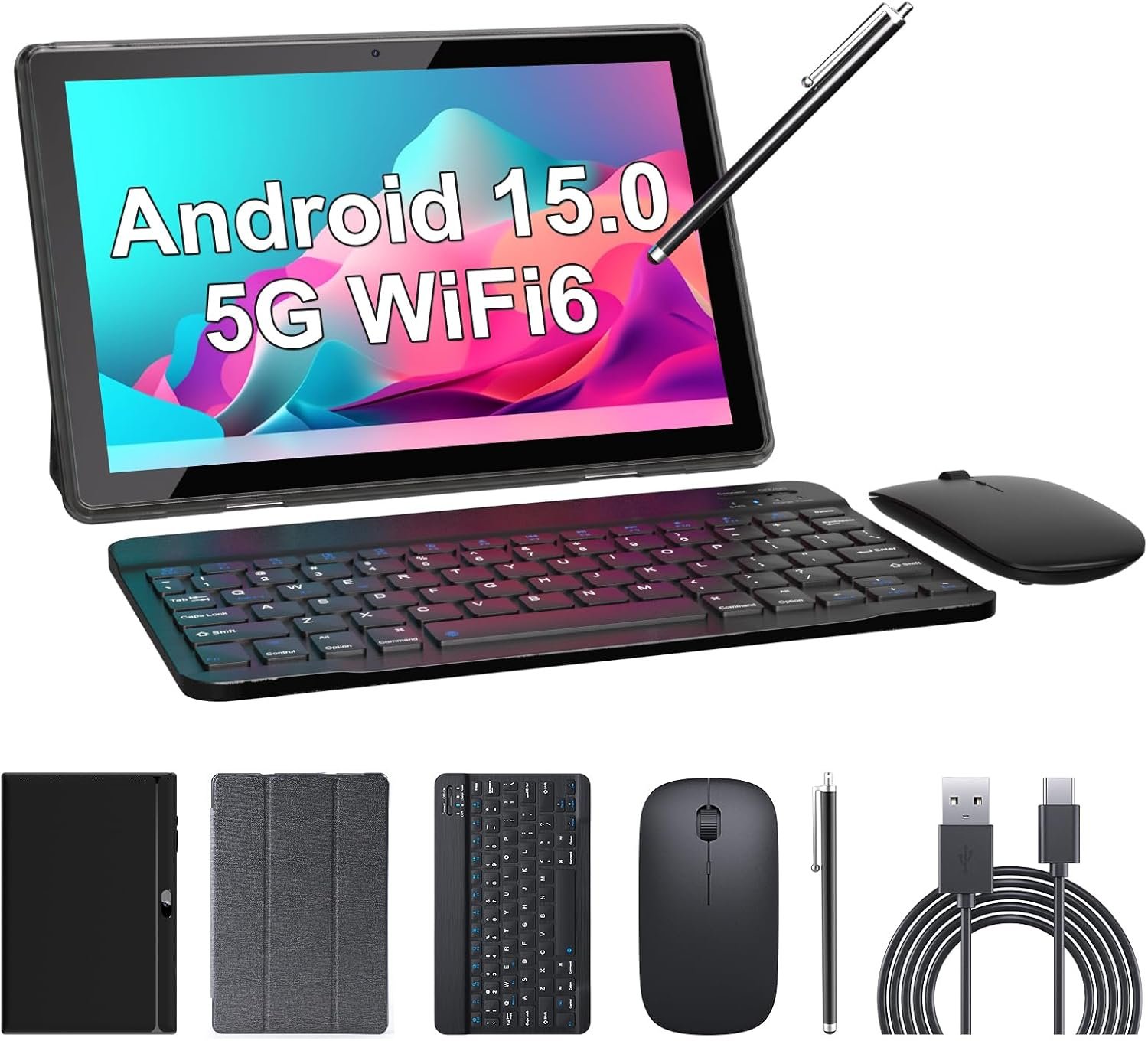 Tablet 2 in 1 Tablets 10 inch Android 15 Tablet Set with Keyboard Case Mouse Stylus 8GB+32GB/1TB expansion Tablets 10.1″ Touch Screen Tab 6000 mAh battery 2MP+8MP Dual Camera WiFi6 Bluetooth Tableta