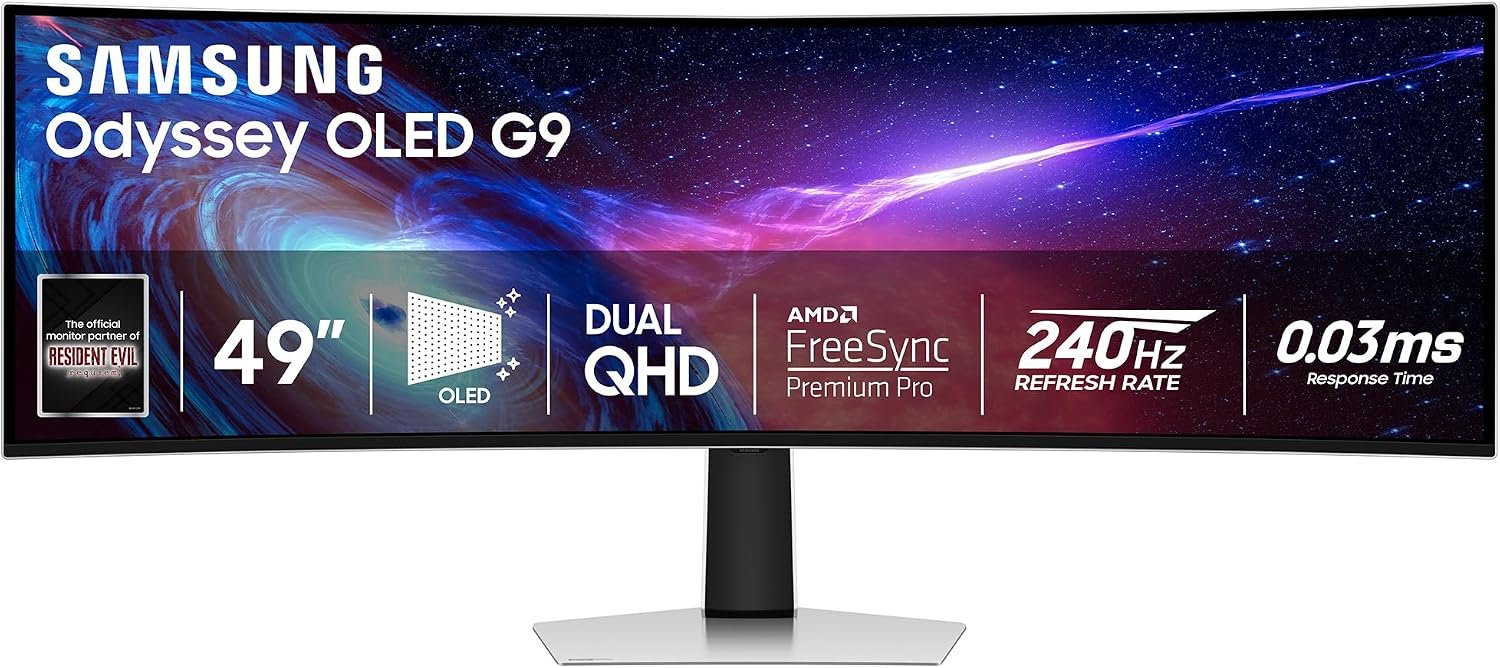 Samsung 49″ Odyssey G93SC Series Curved Gaming Monitor, QD-OLED, 240Hz, 0.03ms, DQHD, G-Sync Compatible, FreeSync Premium Pro, Adjustable Stand