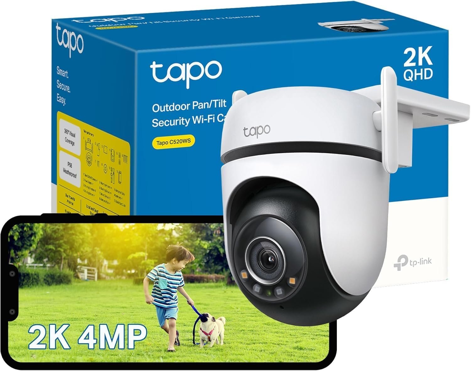 TP-Link Tapo 2K QHD Outdoor Pan/Tilt Wi-Fi Security Camera, 360° View, Motion Tracking, Color Night Vision, Free Person/Vehicle/Motion Detection, Cloud & SD Card Storage, 24/7 Recording, Tapo C520WS…