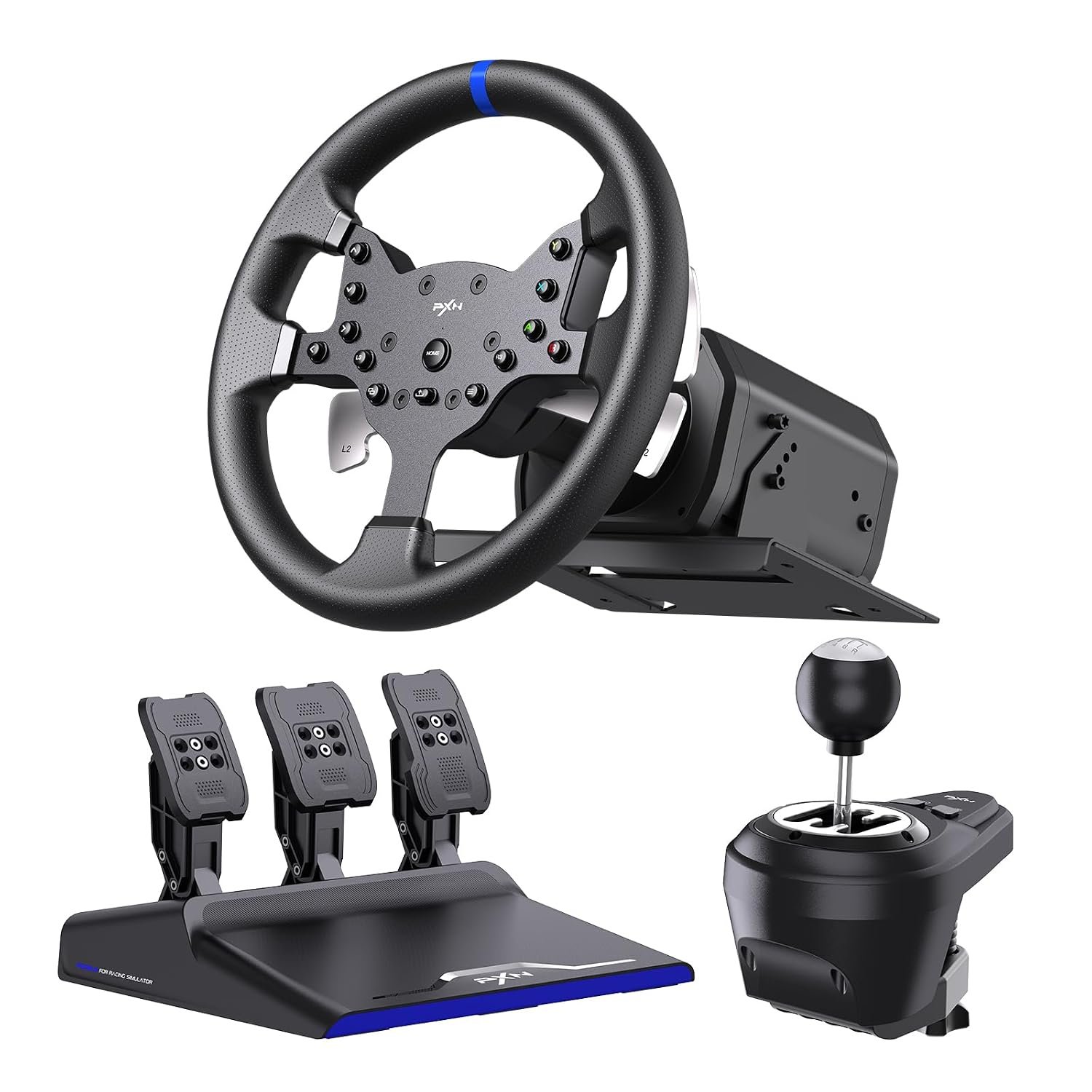 PXN V99 Force Feedback Racing Wheel, with Pedals and Shifter | Detachable 270°/900° Steering Wheel, Hall Pedals & H-Shifter – for PC, Xbox Series X|S, Xbox One, and PS4