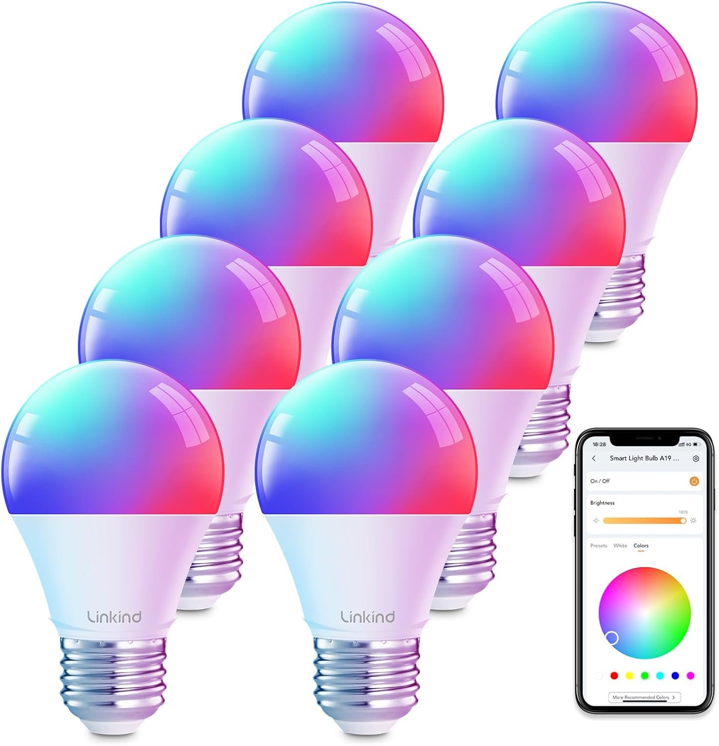Linkind WiFi Smart Light Bulbs, Alexa & Google Home Compatible, RGBTW 16M Color Changing, Dimmable Mood Lighting, A19 E26 WiFi Bulb 60W 800LM 8 Pack | Led Color Changing Light Bulb RGBTW, 2.4G WiFi+Bluetooth, 104 Preset Scene, Music Sync, DIY, Dotis, A19 E26, 60W 800LM, 8Pack