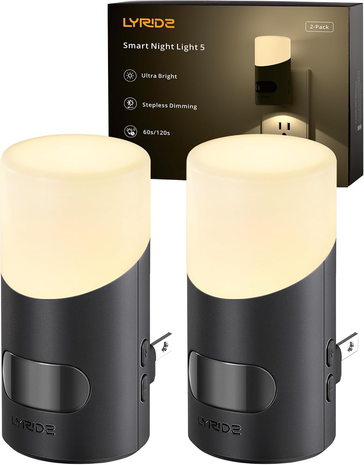 Lyridz LED Night Lights Plug into Wall with Motion Sensor, 1-150LM Dimmable Plug-in Nightlight Indoor for Bedroom, Bathroom, Hallway, Stairs, Pet House, Toilet, 2 Pack