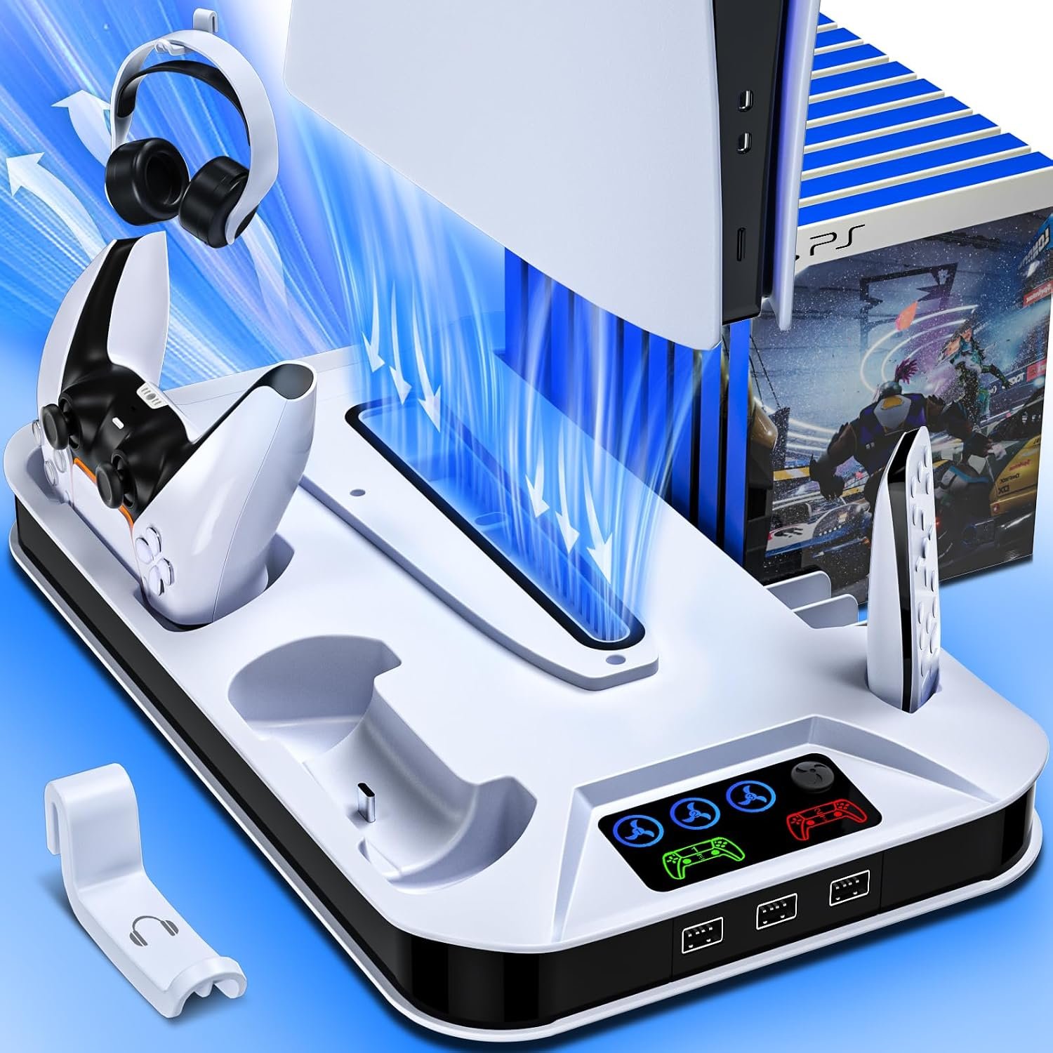 PS5/Slim/Pro Cooling Station with Controller Charging Station for Playstation Console Playstation 5 Slim&Standard Disc/Digital Console, PS5 Pro Stand Cooler Accessories Incl Cooling Fan/3 USB Hubs