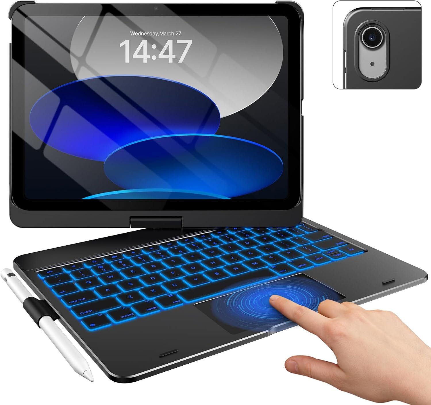 typecase Touch iPad 11th 10th Generation Case with Keyboard (11″ 2025, A16 & 10.9″ 2022) – 360° Rotatable, 11-Color Backlit, Multi-Touch Trackpad, Pencil Holder, Thin & Light – Black