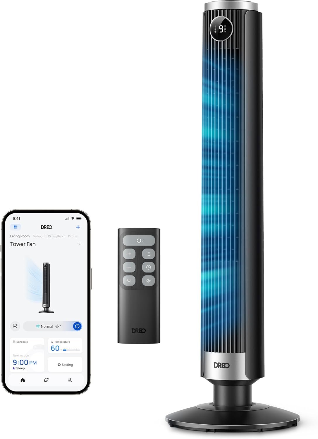 DREO Smart Tower Fan for Bedroom, 40”-45” Adjustable Height, 20dB Quiet Fan | 28 ft/s Velocity, DC Motor, 9 Speeds, 4 Modes, 90°Oscillating, Standing Fan, 12H Timer for Home, Office, with Alexa/Google