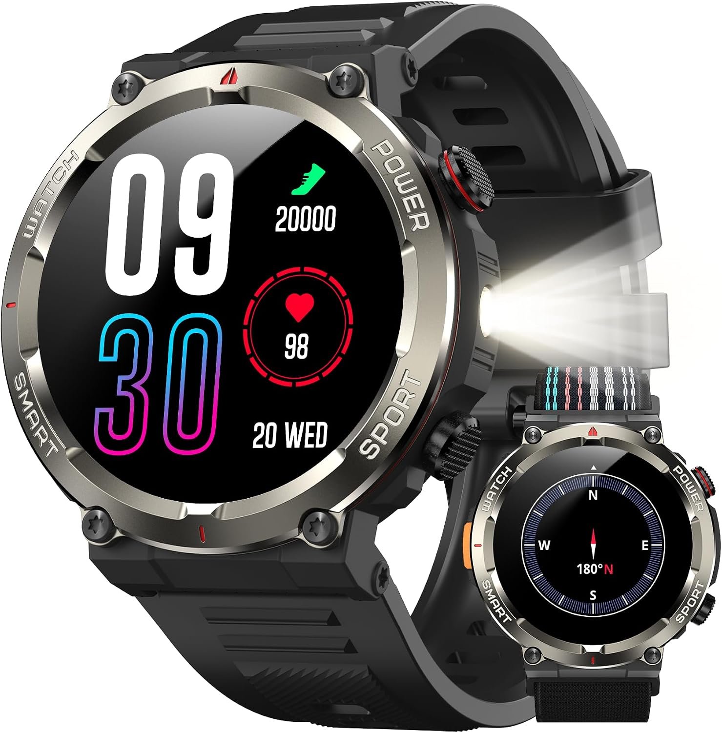 IOWODO Military Smart Watch for Men -100-Day Long Battery Life,Fitness Tracker with LED Flashlight/Compass,Heart Rate Monitor,120+ Sports Modes,IP68 Waterproof,Bluetooth Call Smartwatch for Men（Black）