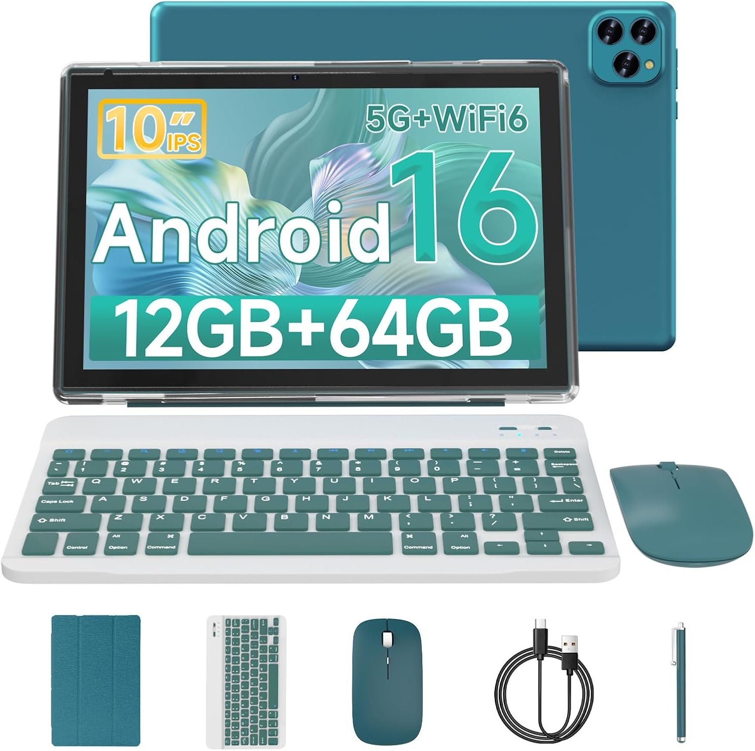 Tablet Android 16 10 Inch 12GB RAM+64GB ROM/ 1TB Expandable, 1280 * 800 HD Touch Screen, 5G WiFi6 BT 5.0, 2 in 1 Tab with Keyboard Case Mouse Stylus(Navy Blue)