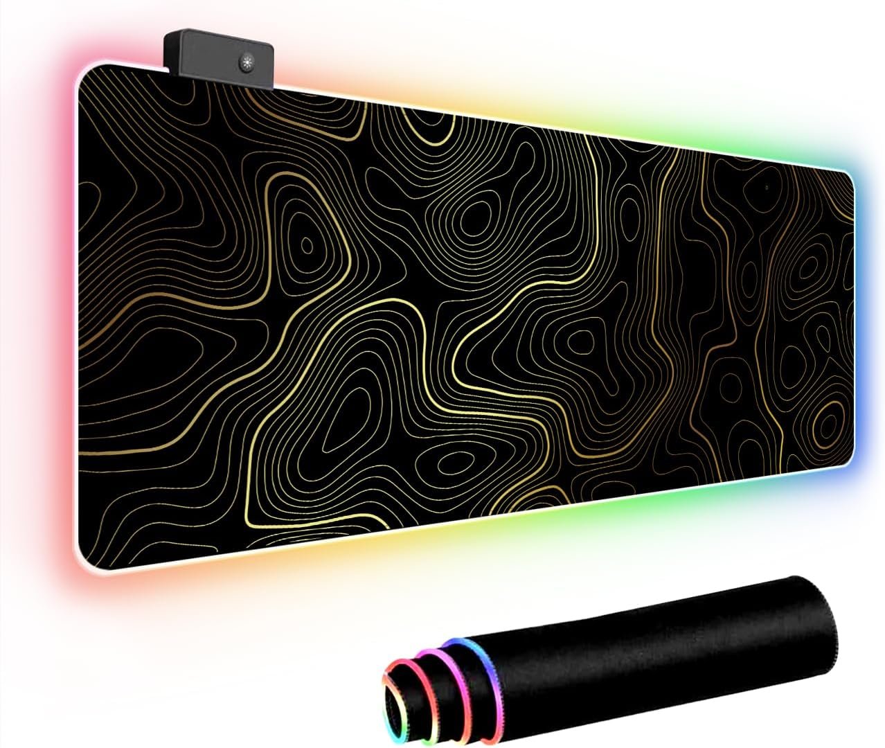 RGB Mouse Pad LED Desk Mat Large Gaming Mousepad Black and Gold Line Design, Keyboard Pad XL Mouse Mat for Home and Office (Black with Gold Topographic Line)