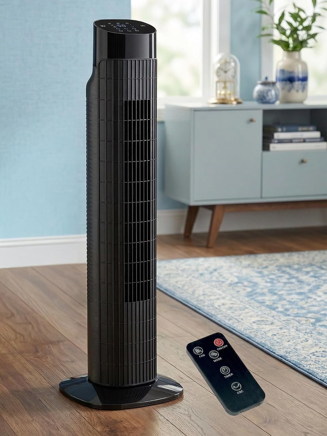 Uthfy Tower Fan for Bedroom, 120° Oscillating Standing Fan with Quiet Sleep Mode, 3 Speeds & 3 Modes, 7.5H Timer, Remote/Touch Control, Bladeless Floor Fans for Living Room, Office, Black