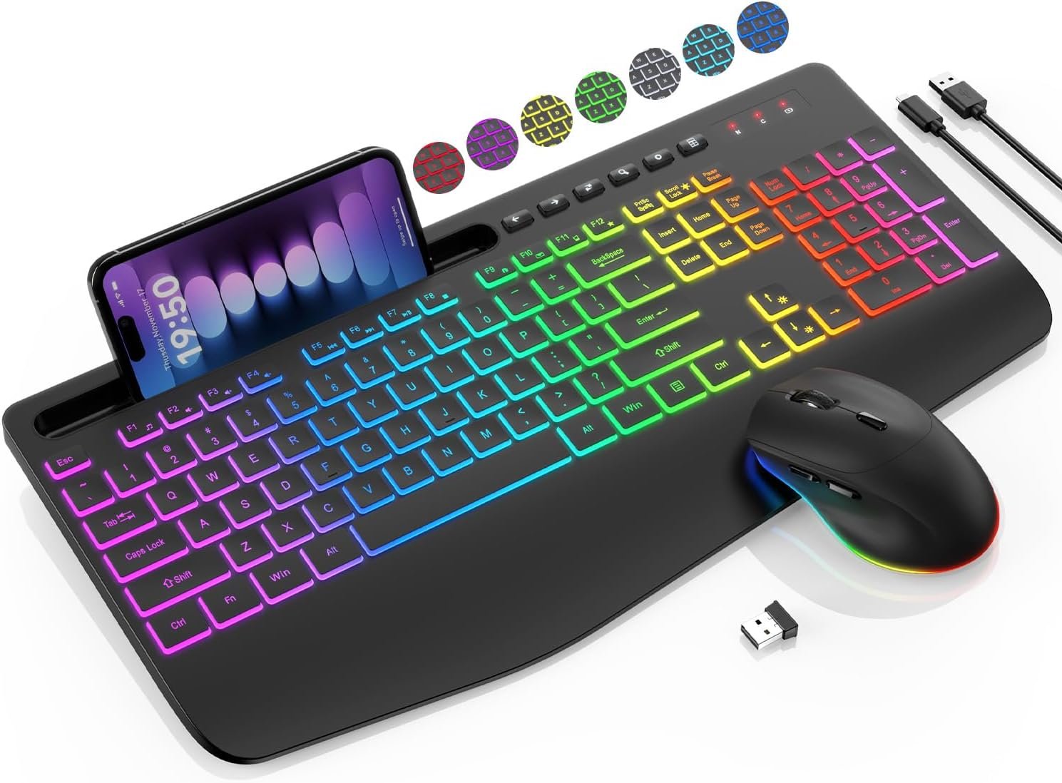 SABLUTE Wireless Keyboard and Mouse Combo – 9 Backlit Effects, 2.4GHz | Ergo Wrist Rest, Phone Holder, Full Size, Rechargeable, Sleep Mode, KM22 MAX Quiet Set for Computer, PC, Laptop, Mac, Windows
