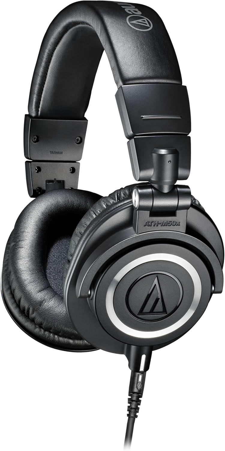 Audio-Technica ATH-M50X Professional Studio Monitor Headphones, Black, Professional Grade, Critically Acclaimed, with Detachable Cable | Closed-Back, 45mm Drivers, 3 Detachable Cables Included, 6.3mm Adapter, Foldable Swivel Earcups, 38ω Impedance