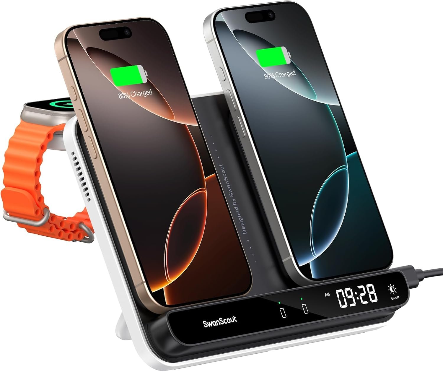 Dual Phone Charging Station for iPhone 17/16/15/14/13/12 Series, for Apple Watch 11/10/9/8/7/Ultra 3/SE 3, for AirPods 4/Pro 3/Pro 2, SwanScout 710A