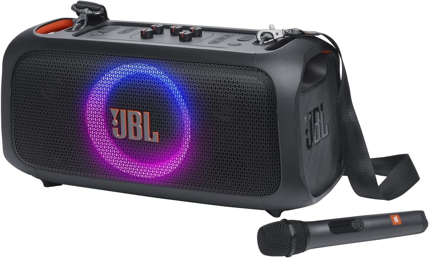JBL PartyBox On-the-Go Essential – Portable Party Speaker – Black | Amazing JBL Pro Sound, Synched light show, JBL wireless microphone included, IPX4 splashproof protection