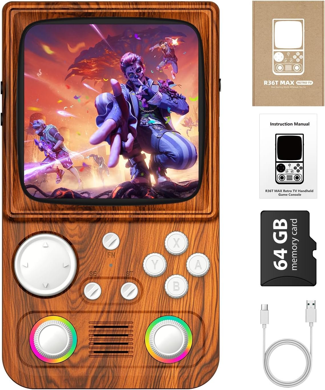 R36TMAX Retro Handheld Game Console, 4.0” IPS Screen, 64GB Support Download 22000+ Classic Games, WiFi Networked Fighting, 4000mAh Battery with Portable Case(Wood Brown 64GB)