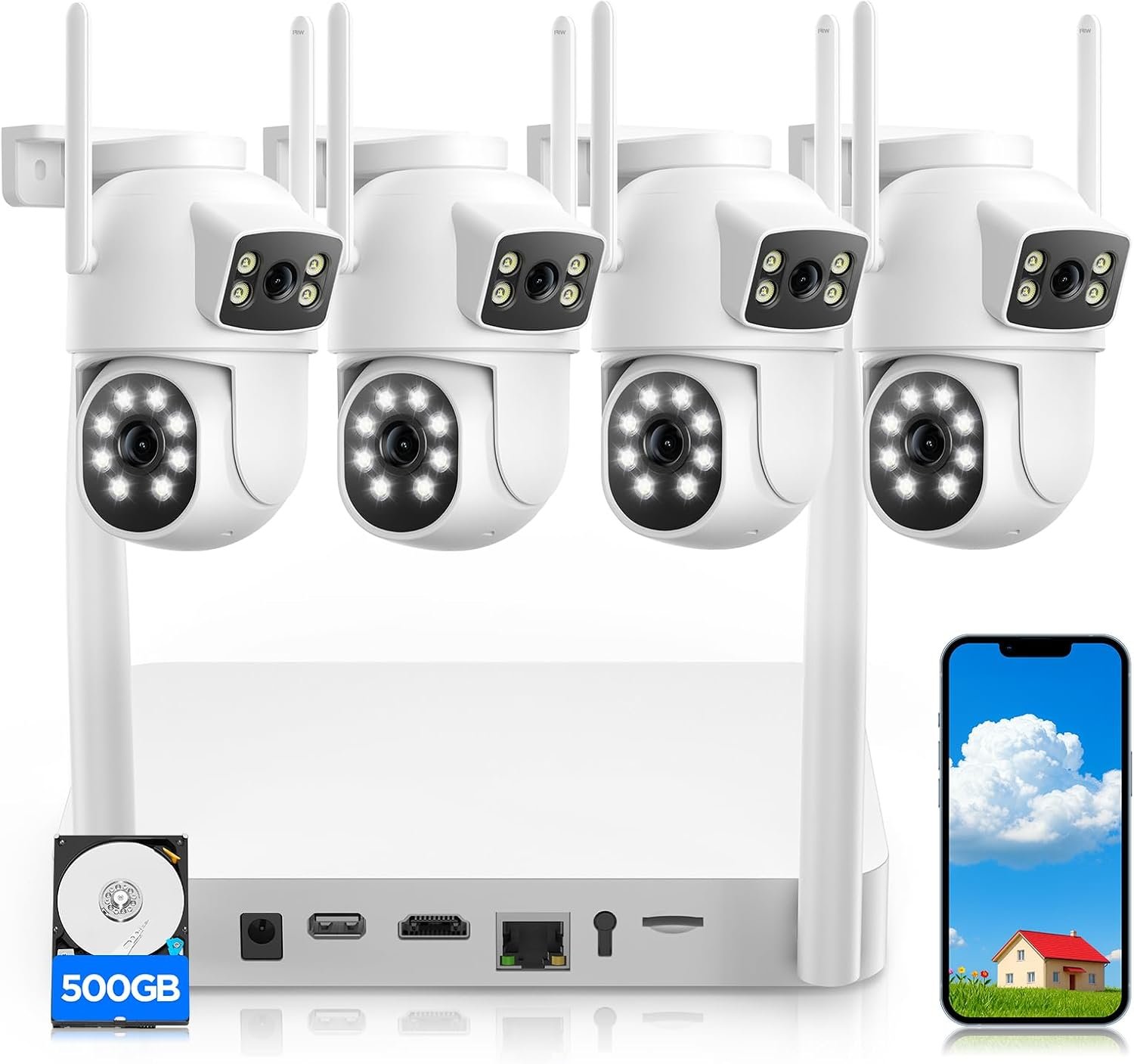 Camcamp Dual-Lens Home Security Cameras System Wireless Outdoor, 4 Cam Kits | 4 Cameras 8 Views, 24/7 Record, Plug-in Powered, Auto Tracking, No Monthly Fee, 5G & 2.4G WiFi, 360° PTZ, 10CH NVR, 500GB HDD