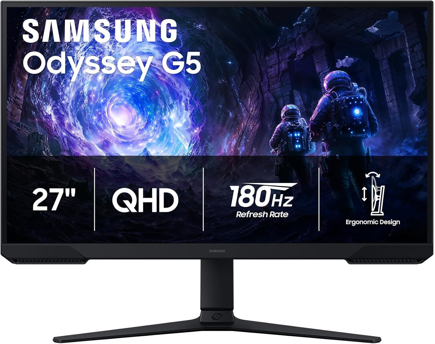 Samsung 27″ Odyssey G5 (G51F) Series QHD (1440P) Gaming Monitor | 180Hz, 1ms, AMD FreeSync, HDR10, Height Adj Stand, Black Equalizer, Virtual Aim Point, Auto Source Switch+ (LS27FG512ENXZA)
