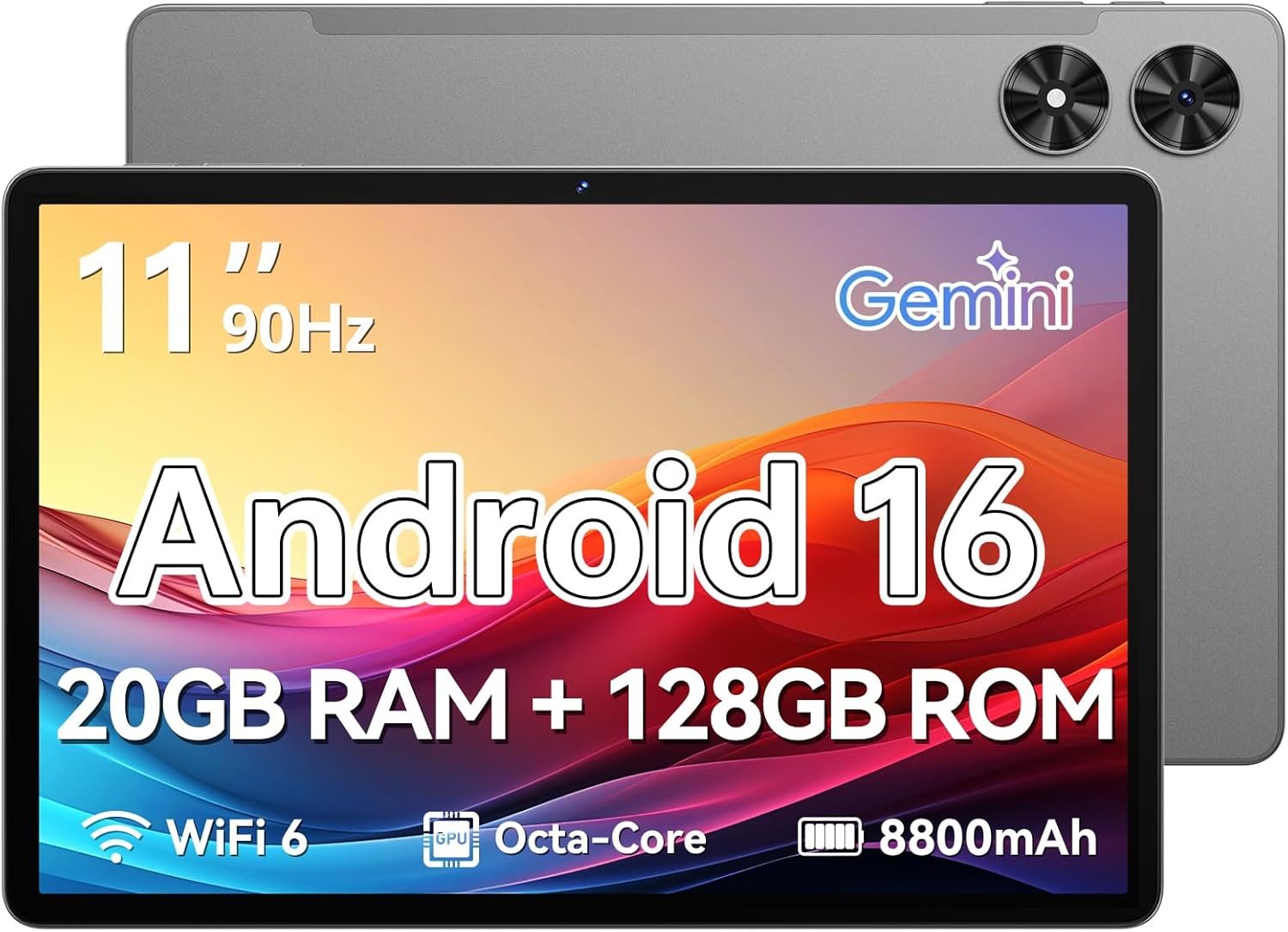Tablet 11 Inch, Android 16 Tablet, Gray | Octa-Core, 20GB RAM + 128GB ROM, 1TB Expandable, 90Hz IPS Touchscreen, 8800mAh, WiFi 6, BT 5.2, GPS, Dual Camera