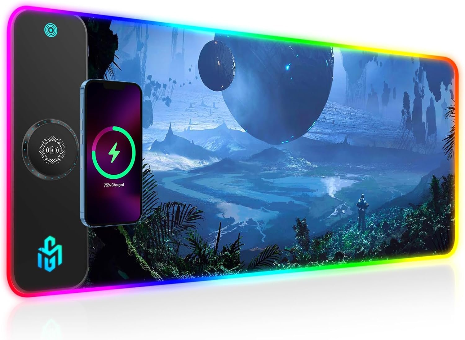 Wireless Charging RGB Gaming Mouse Pad, LED Mouse Mat 800x300x4MM, 10 Light Modes Large Mousepad Non-Slip Rubber Base RGB Desk Mat for Gaming, MacBook, PC, Laptop, Desk (Planetary)