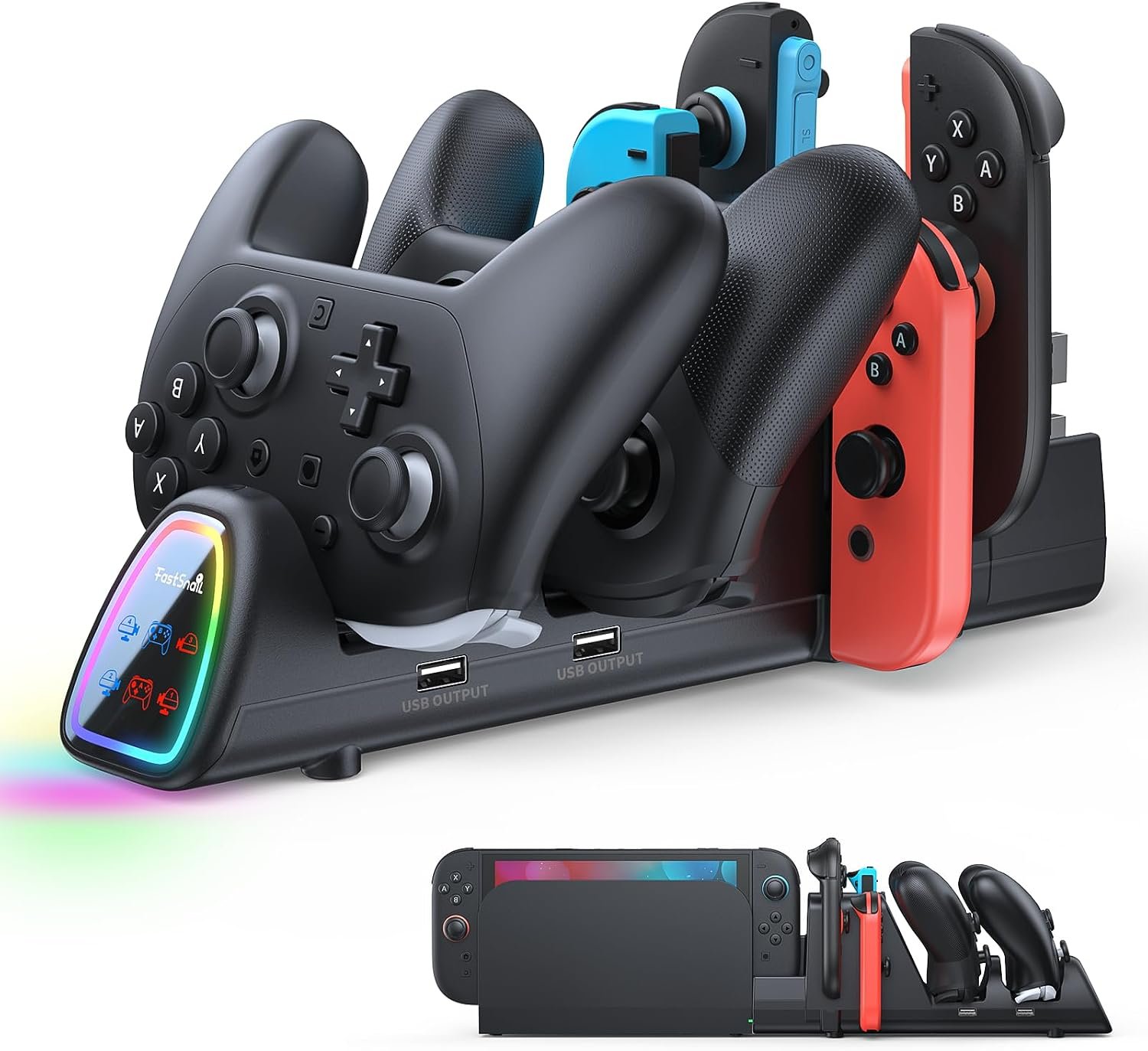 FASTSNAIL [Switch 1/2 Compatible] Controller Charging Dock for Nintendo Switch 2/1 for Joycon 2, 10 in 1 Fast Controller Charger Station Stand for Pro Controller 2/1 with 11 RGB Modes, LED Indicator