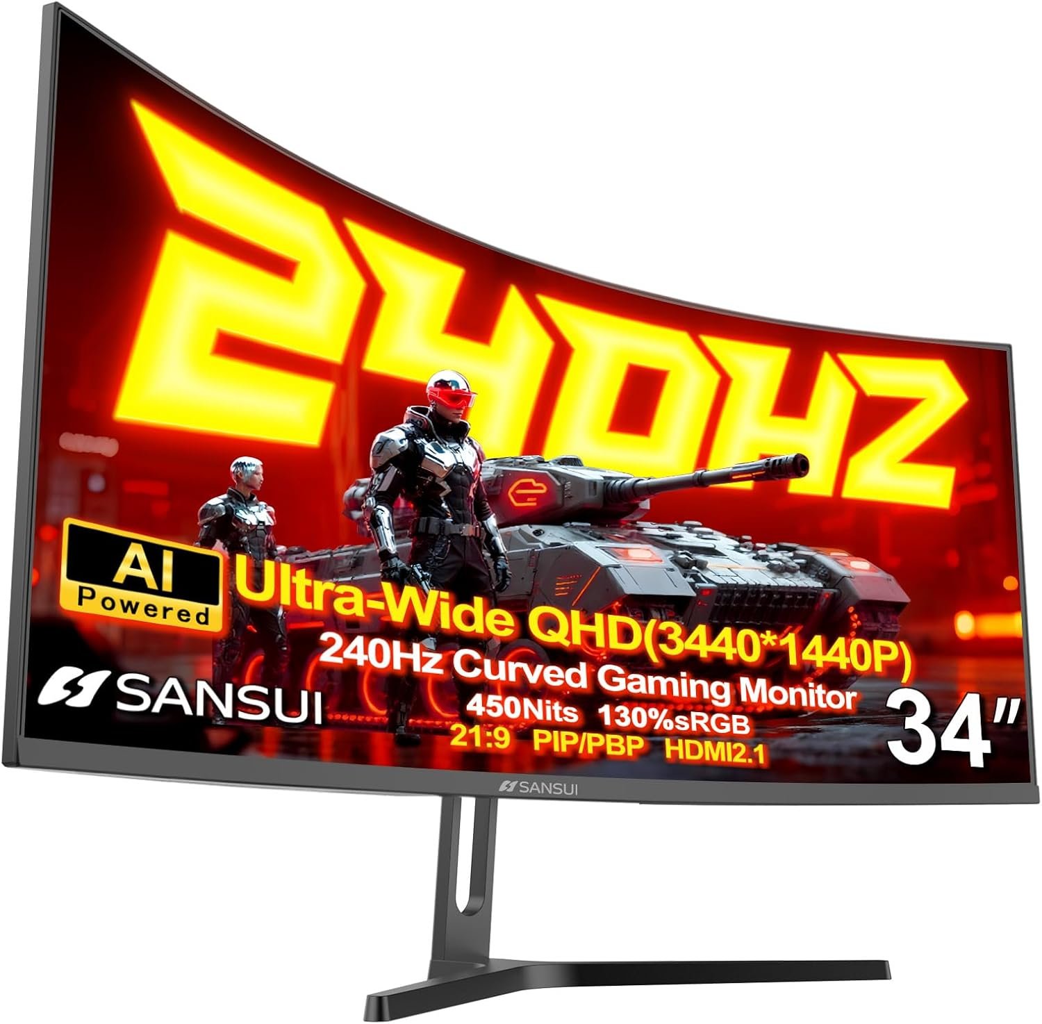 SANSUI 34 Inch Curved Monitor 240Hz UWQHD 3440×1440 Gaming Monitor, 21:9 2K Curved1500R,HDR400,Fast VA, PIP/PBP,AI Crosshair,AIPQ(Visual Enhance),MPRT 1ms,HDMI2.1 * 2,DP1.4 * 2(HDMI Cable Included)