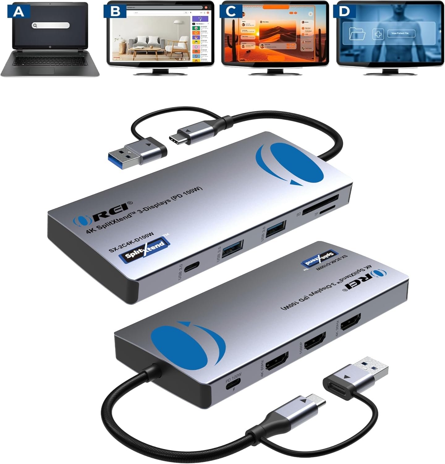 OREI SplitXtend USB C Docking Station Triple Monitor with 3xHDMI Ports, Thunderbolt 4 Dock, HDMI DisplayPort Hub, Dual Monitor HDMI Adapter Extend, USB C Splitter, 100W PD, SD Card Reader, 4K Output | OREI SplitXtend USB C Docking Station Triple Monitor with 3xHDMI Ports, USB C Splitter, 100W PD, SD Card Reader, 4K Output