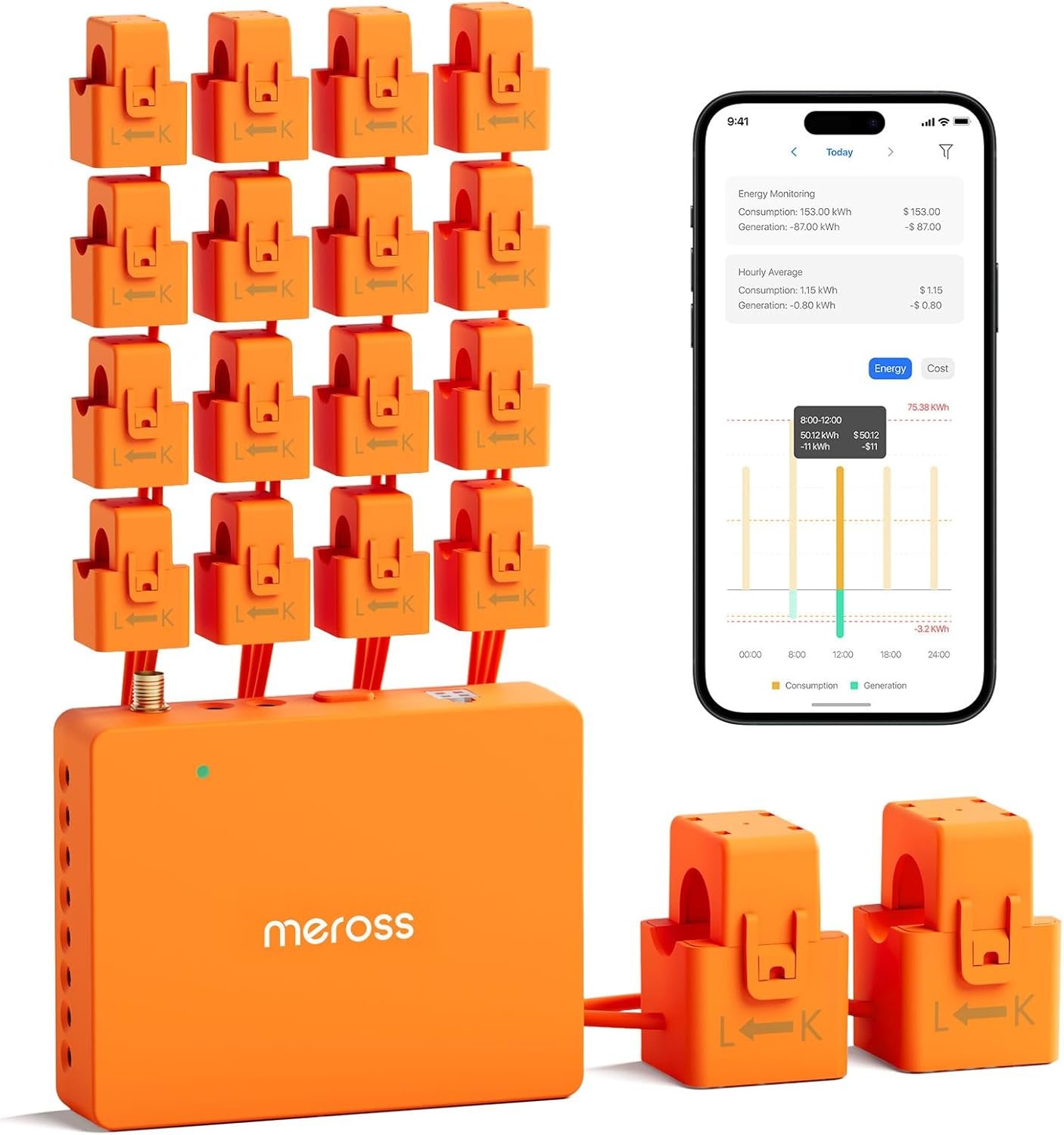 Meross Smart Home Energy Monitor Real-Time Power Usage Monitor | 16 60A Circuit Sensors Support Home Assistant, Solar Metering, Track energy Cost, No Subscriptions, 2-Year Warranty