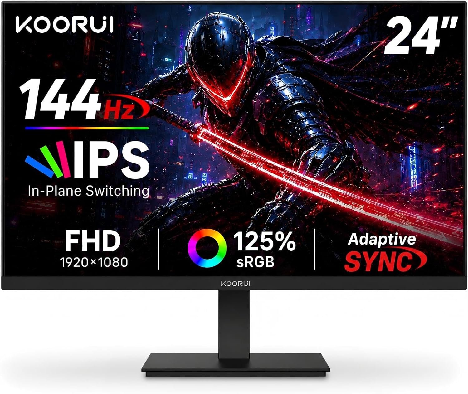 KOORUI 24 Inch Gaming Monitor 144Hz Full HD 1920 x 1080p IPS Ultra-Slim Display with HDMI VGA, Adaptive Sync, 99% SRGB, VESA 100x100mm, Eye Care, Tilt, HDMI 2.0, Black, E2411K