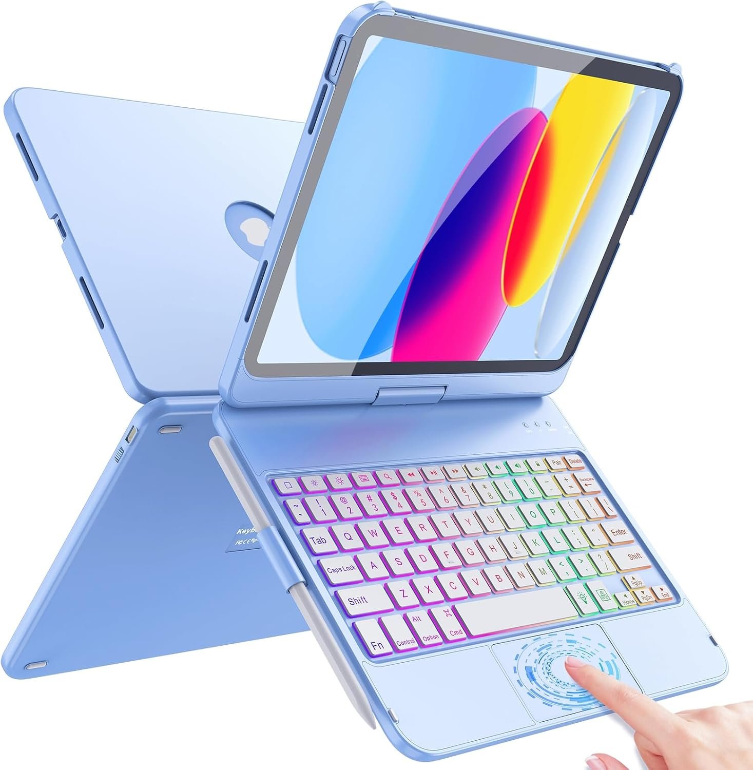 FUWANG Touch Keyboard Case for iPad A16 11th/10th Gen, 360° Rotating, Blue | Multi-Touch Trackpad, 7-Color Backlit, Pencil Holder, Keyboard for iPad A16 11th 11 inch 2025& 10th Generation 10.9 inch 2022