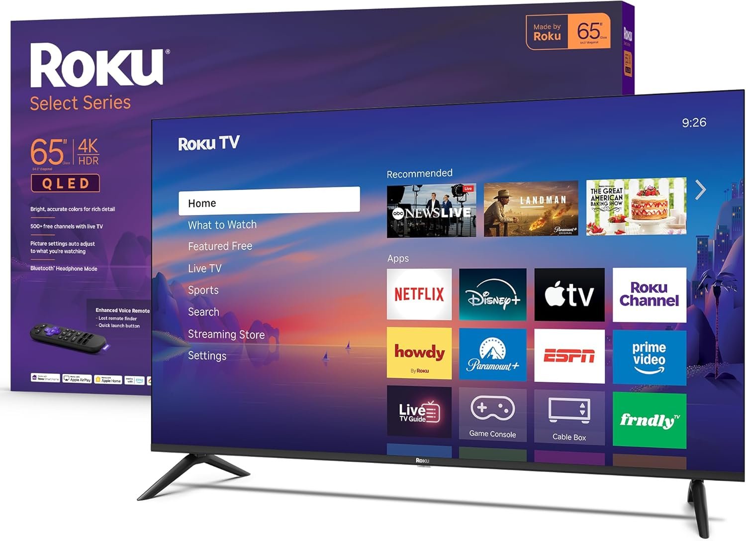 Roku 65-Inch Smart TV 2026 – Select Series, 4K QLED TV TV | Flat Screen QLED Television with Voice Remote, Wi-Fi & Bluetooth Headphone Mode – Streaming Live Local News, Sports, & Movies