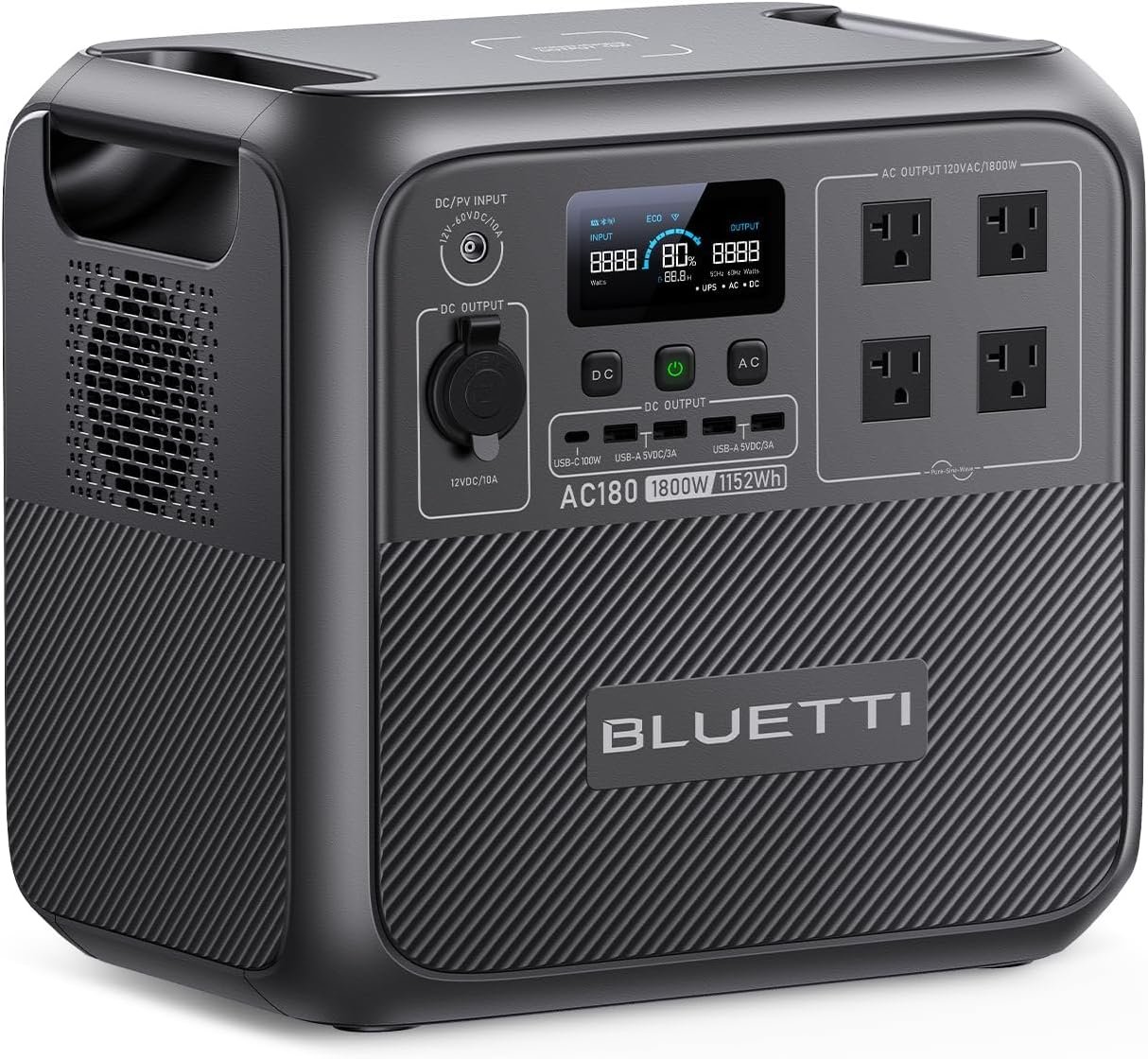 BLUETTI AC180 Portable Power Station 1152Wh 1800W LiFePO4 Solar Generator | Battery Backup w/ 4 1800W (2700W Peak) AC Outlets, 0-80% in 45Min, Fast Charge LFP Power for Camping, Off-grid, Power Outage