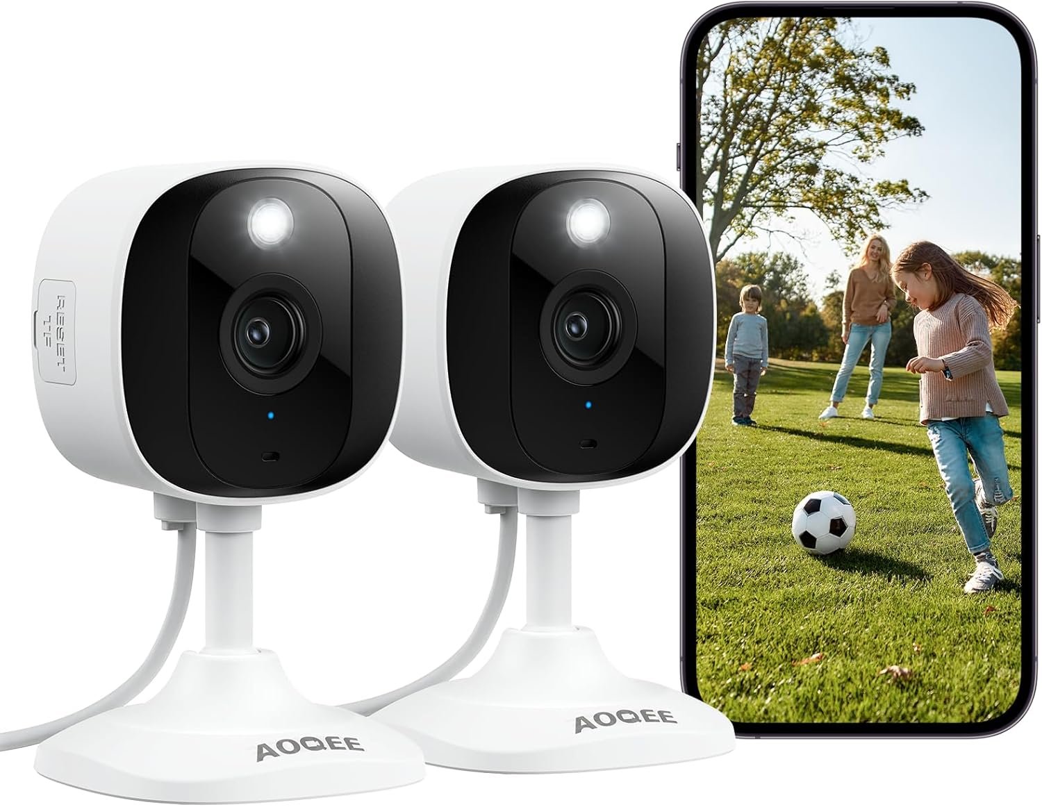 AOQEE 2K Cameras for Home Security-Outdoor/Indoor Camera for Dog/Cat/Pet/Nanny/Baby, Color Night Vision, White Light, Siren, 24/7 SD Recordings, Works with Alexa/Google Home, C1 (C1-White-2pack-2.4G) | 2.4G Wired Outdoor/Indoor Camera for Dog/Cat/Pet/Baby, Color Night Vision, Home Security with White Light, 24/7 TF Recording