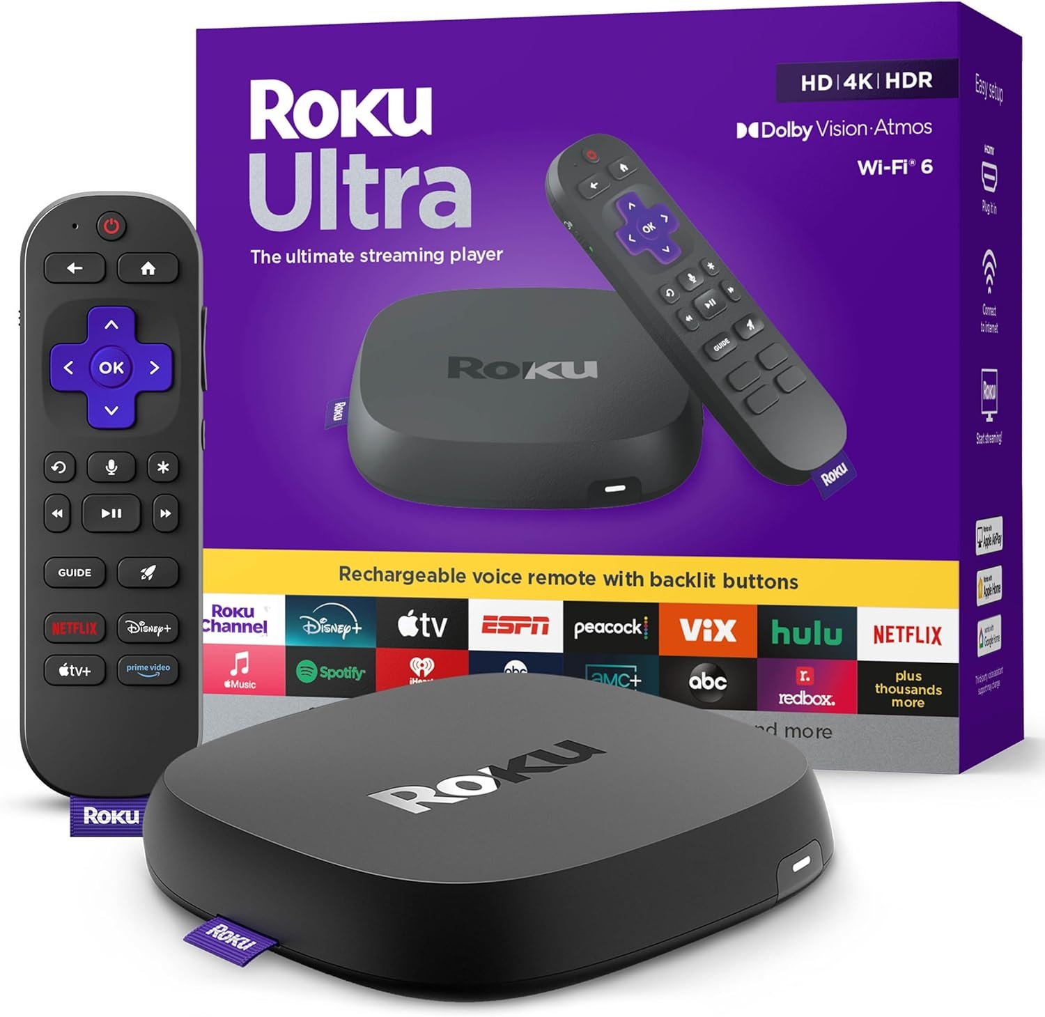 Roku Ultra, Ultimate Streaming Player – 4K Streaming Device for TV | HDR10+, Dolby Vision & Atmos – Bluetooth & Wi-Fi 6 – Rechargeable Voice Remote Pro with Backlit Buttons – Free & Live TV