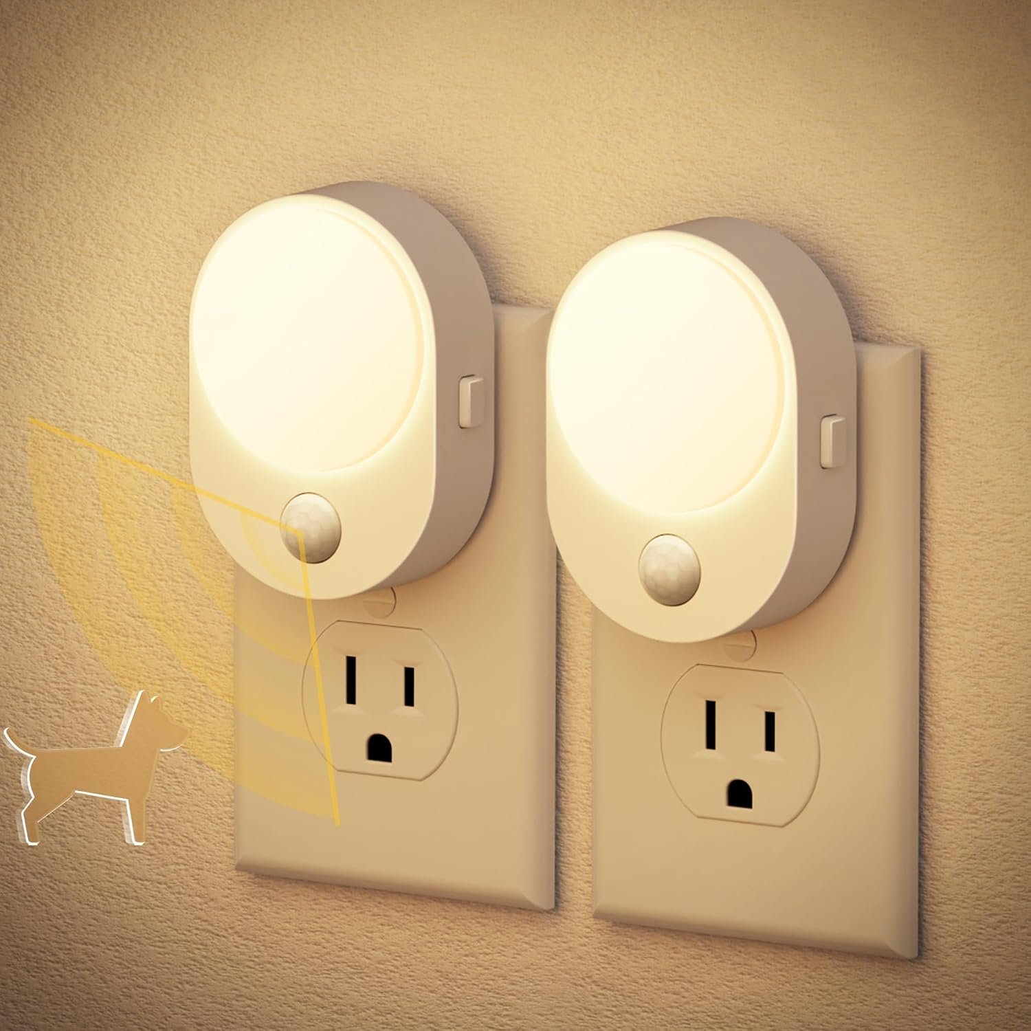 JandCase Motion Sensor Night Light, 2 Pack Night Lights Plug into wall | Motion Activated Night Lights, 3000K Warm White, Dusk to Dawn Sensor Dimmable Night light for Kids Bedroom Bathroom Hallway