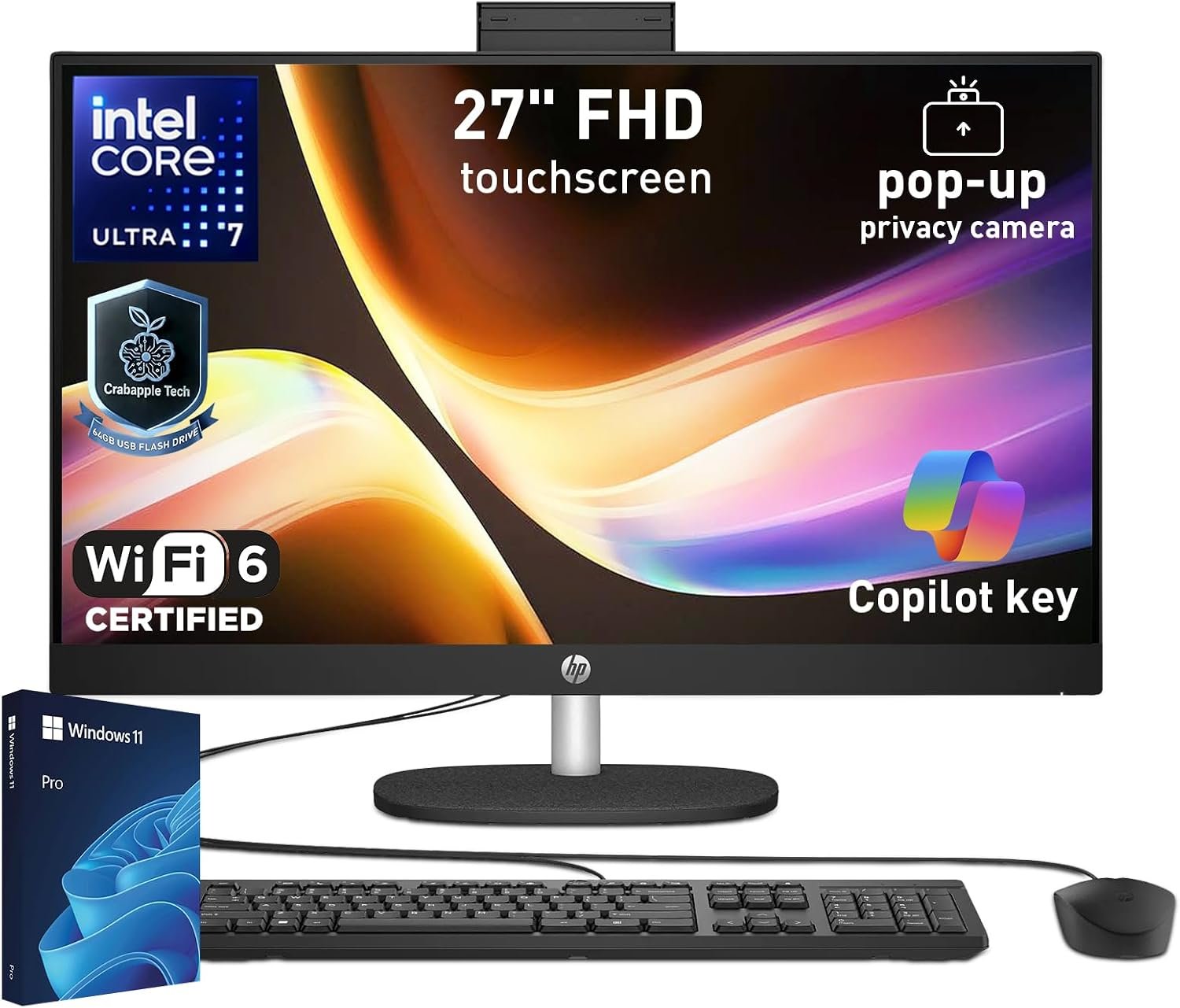 HP Essential 27″ FHD Touchscreen All-in-One, Intel Ultra 7 255U, Wi-Fi 6, Privacy Camera, Wired Keyboard and Mouse, Copilot AI, RJ-45, Win 11 Pro (Black, 16GB RAM | 512GB SSD)
