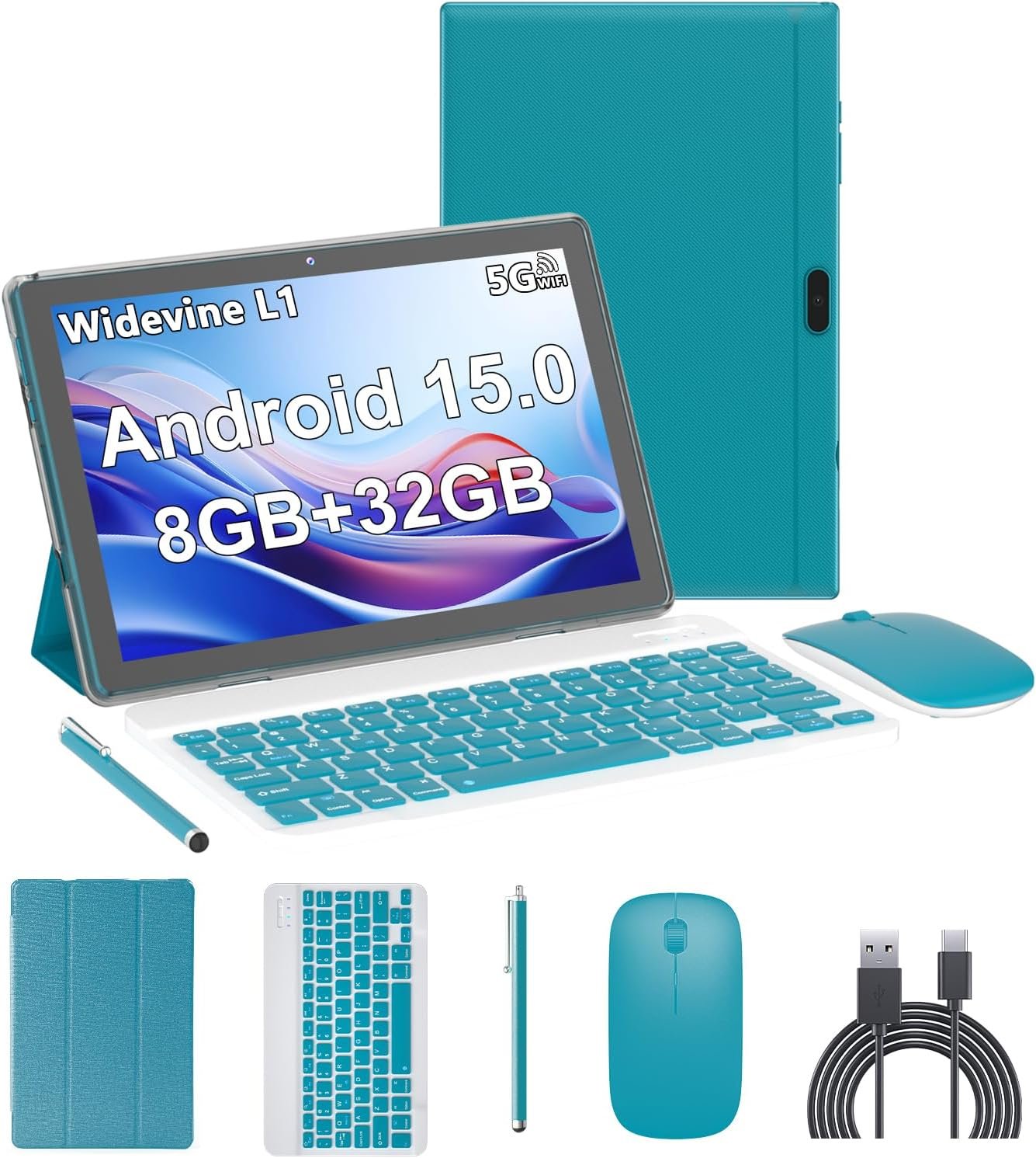 Android 15 Tablet,10 inch Tablets, 2 in 1 Tablets with Keyboard Case | 8GB RAM+32GB ROM/2TB Expandable, 1280×800 IPS Display Screen, 5G Wi-Fi6, Dual Camera, 6000mAh Battery BT5 Widevine L1 (Green)