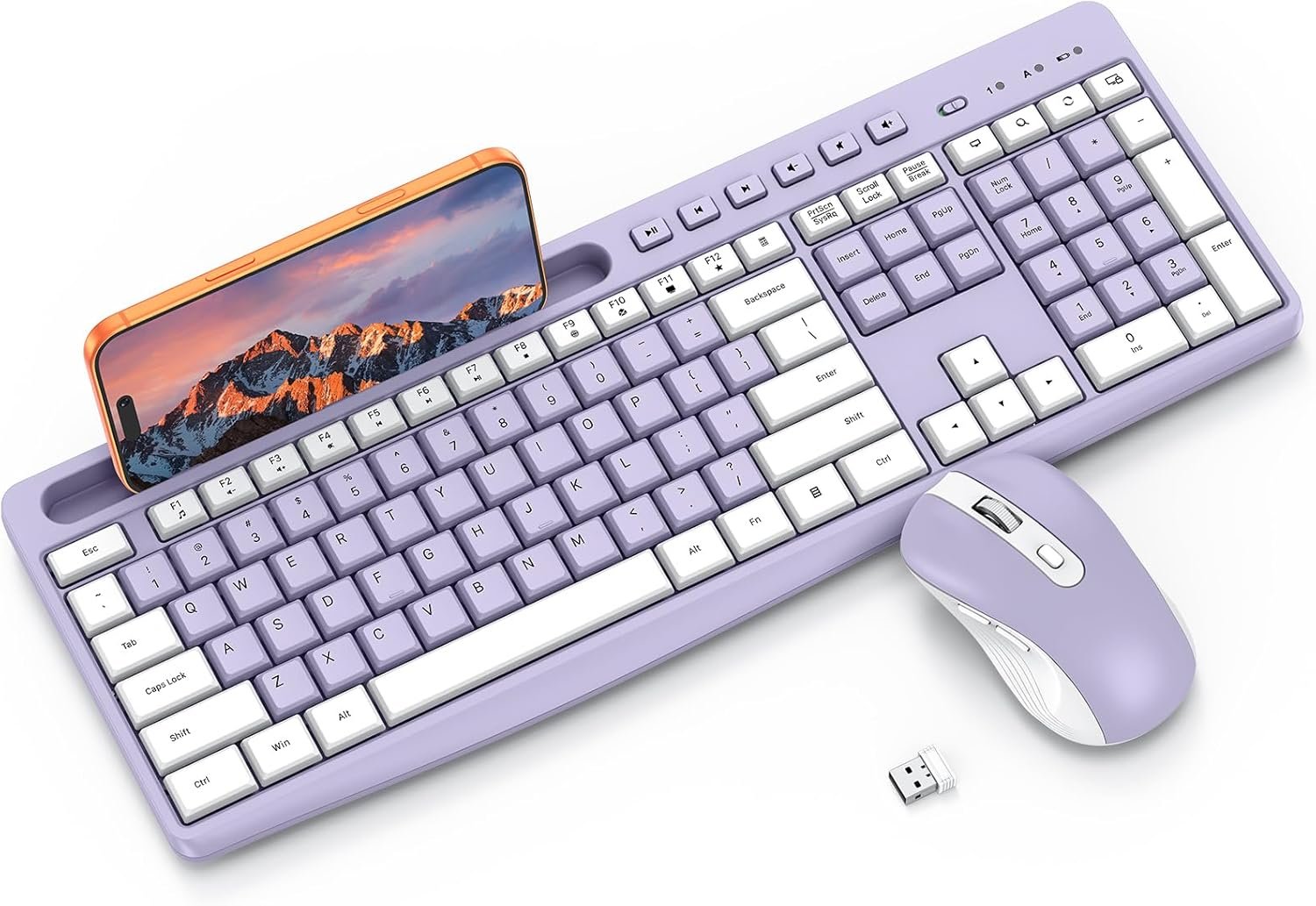 Purple Wireless Keyboard and Mouse Combo, 2.4GHz USB Receiver, with Phone Holder and Numeric Keypad, OMOTON Full-Size Keyboard for Windows/PC/Laptop/Computer, Silent Typing Keys for Office/Home