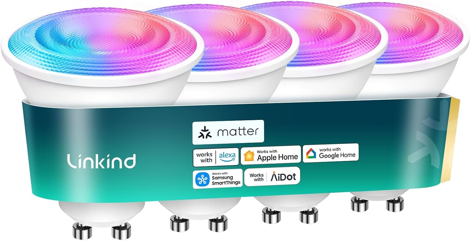 Linkind Matter GU10 Smart Light Bulbs, MR16 GU10 LED Bulbs, 4Pack | Work with Alexa/Apple/Google Home, Warm & Daylight White(1800K-6500K), Music Sync & Light Shows, 40W 470LM Color Changing