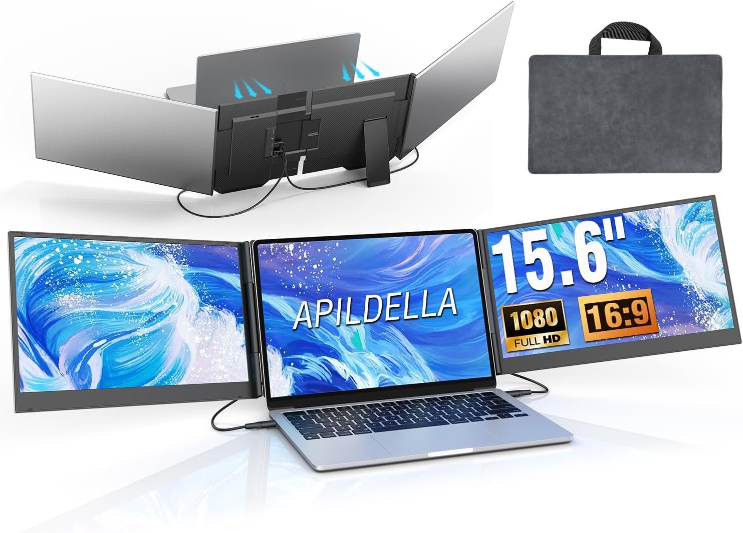 APILDELLA 15.6’’ Triple Laptop Screen Extender, 1080P FHD Portable Dual Monitor for Laptop USB C HDMI, Plug-Play Monitor Extender for Triple Display for Mac/Windows, Fit 13”-17.3” Laptops