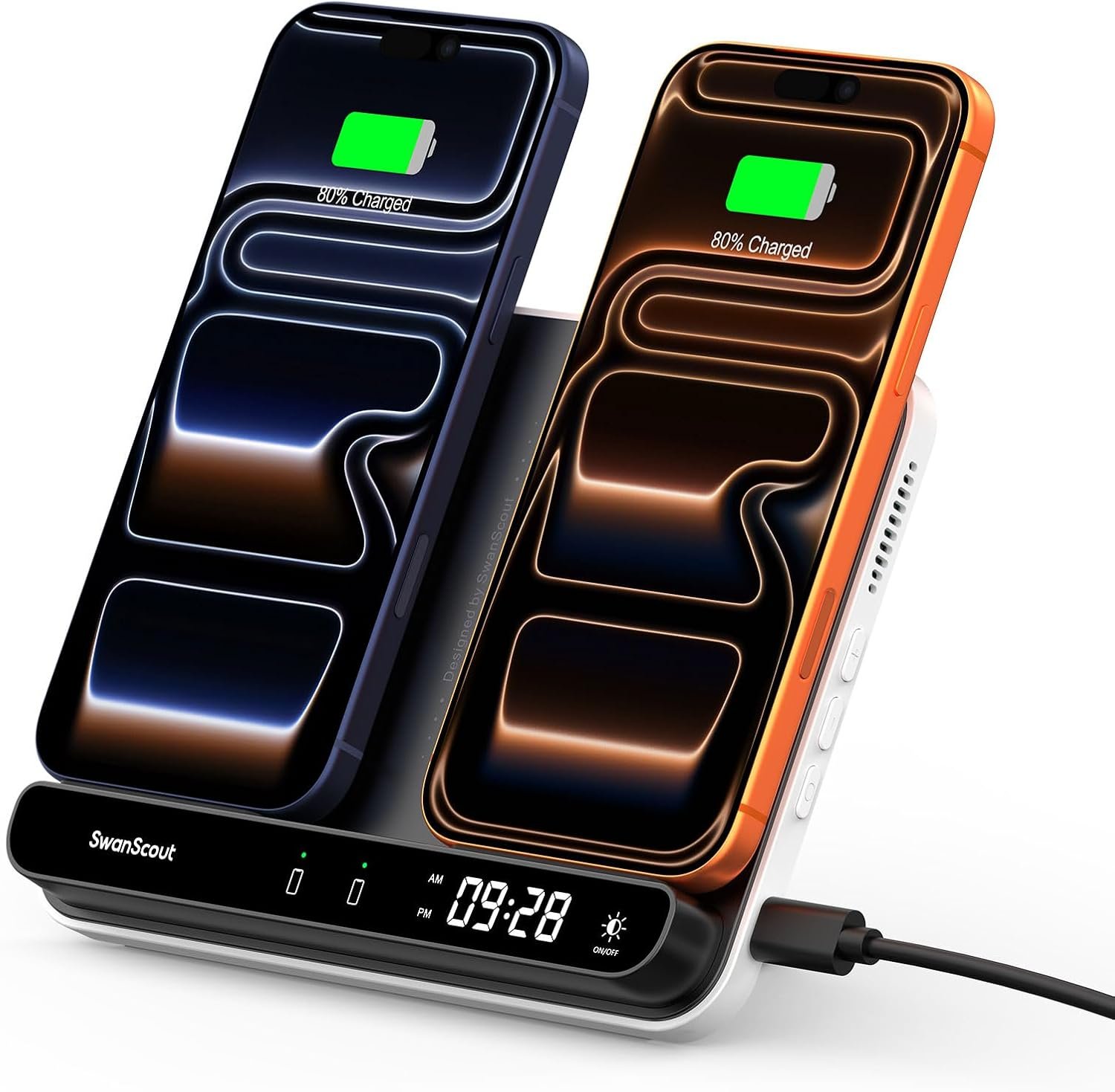 Dual Wireless Charger Stand, SwanScout 504, Foldable Wireless Charging Station Pad for iPhone 17/Air/16/15/ Series, Samsung Galaxy S25/S24/S23, Google Pixel 10/9/8, Android Phones, AirPods/Galaxy Buds
