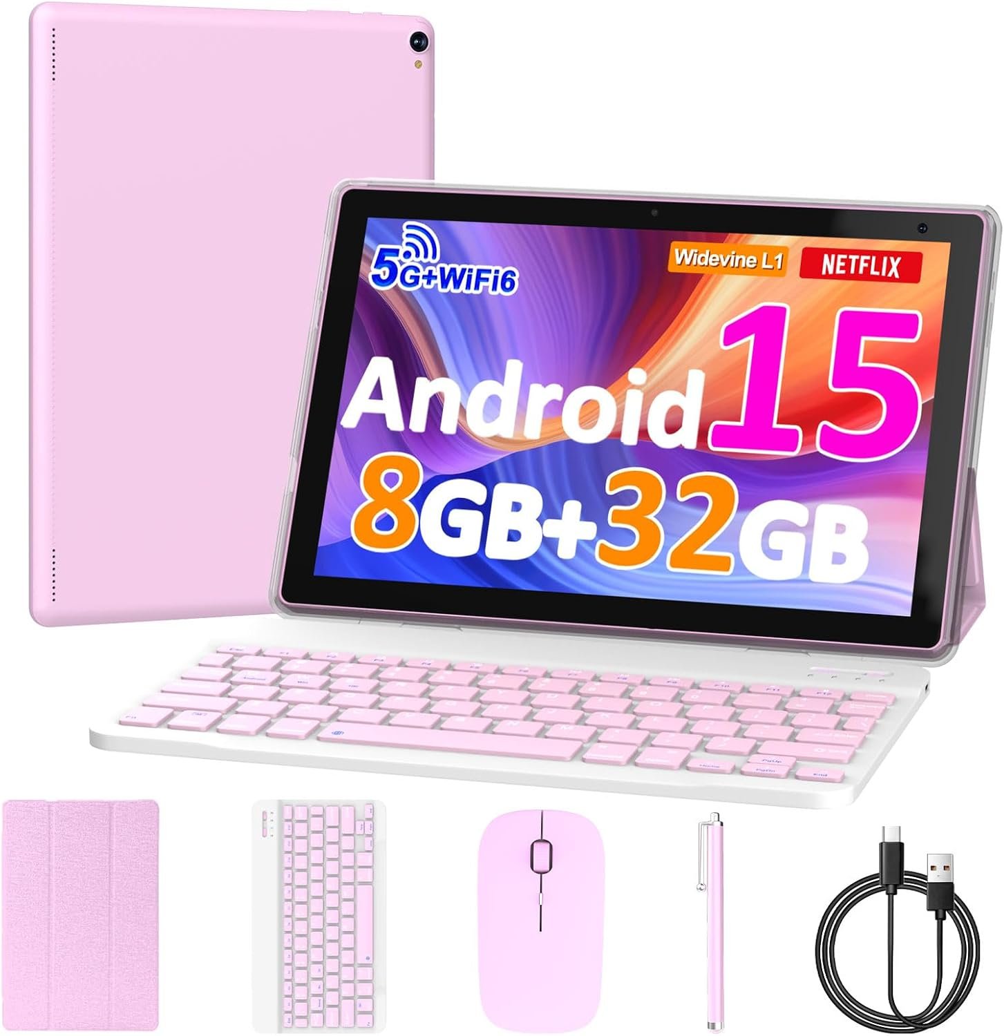 10 inch Android 15 Tablet, 8GB RAM 32GB ROM Powerful Quad-core CPU, 1280*800 Resolution Screen Tablet PC, 8MP Camera, 6000mAh Battery Computer, 2 in 1 Tablets with Keyboard, Case, Mouse, Stylus Laptop