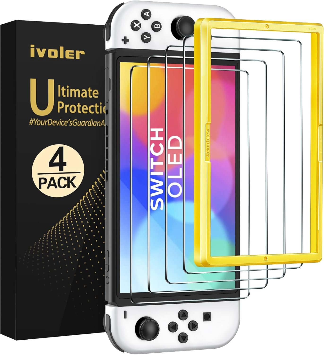 ivoler 4-Pack Tempered Glass Screen Protector Designed for Nintendo Switch OLED Model 2021&2023 with [Alignment Frame] Transparent HD Clear(Updated Version) Screen Protector for Switch OLED 7”