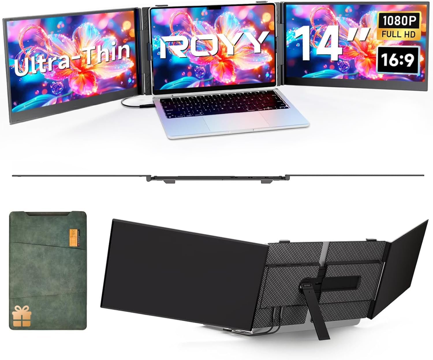 14″ Laptop Screen Extender, 0.18″ Ultra-Thin Laptop Monitor, Stable Damping Stand with 90° Rotation, 180° Rotation Dual Screen, Extra Compatible with Windows/Mac/Android/Switch/PS Fits 13″-17″ Laptops