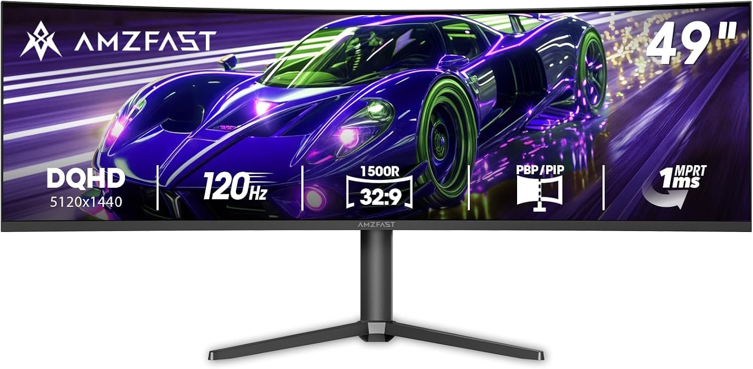 Amzfast 49 Inch Curved Monitor 120Hz DQHD (5120×1440) Ultrawide Gaming Monitor, 120% sRGB, 1500R, 1ms MPRT, HDR, Adaptive Sync, PIP/PBP, Height Adjustable, HDMI 2.0/DP 1.4, VESA 75×75, AMZG49C7U