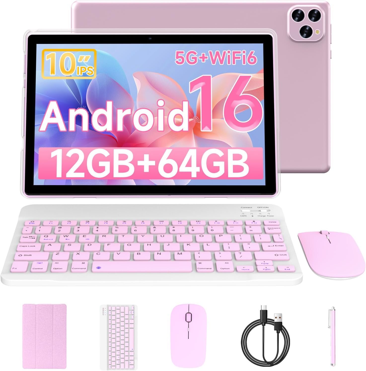 Tablet Android 16 10 Inch 12GB RAM+64GB ROM/ 1TB Expandable, 1280 * 800 HD Touch Screen, 5G WiFi6 BT 5.0, 2 in 1 Tab with Keyboard Case Mouse Stylus (Pink)