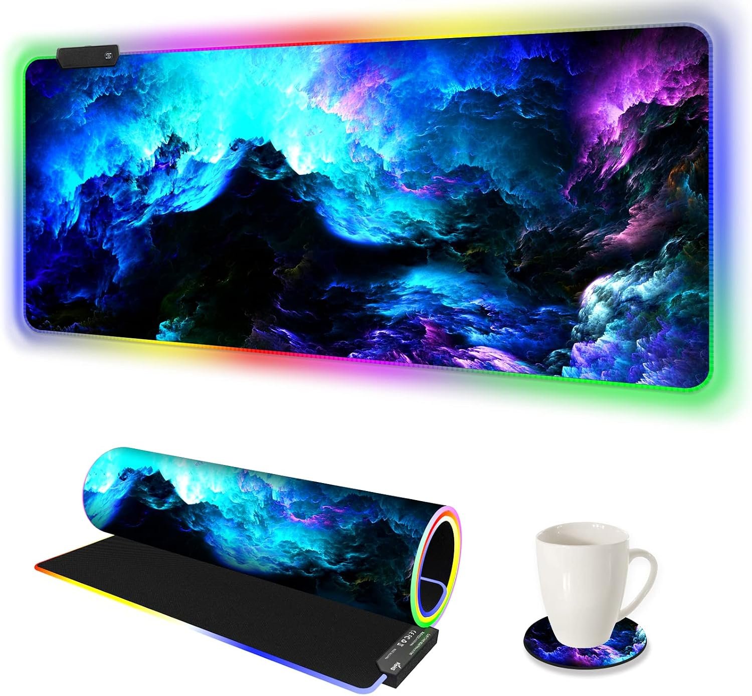 ARTSO RGB Gaming Mouse Pad Large, Extended LED Mouse Mat XXL 35.4×15.7 inch, 14 Lighting Modes, 2 Brightness, Non-Slip Rubber Base Mousepad Waterproof Keyboard Mat,Fantasy Nebula Sky
